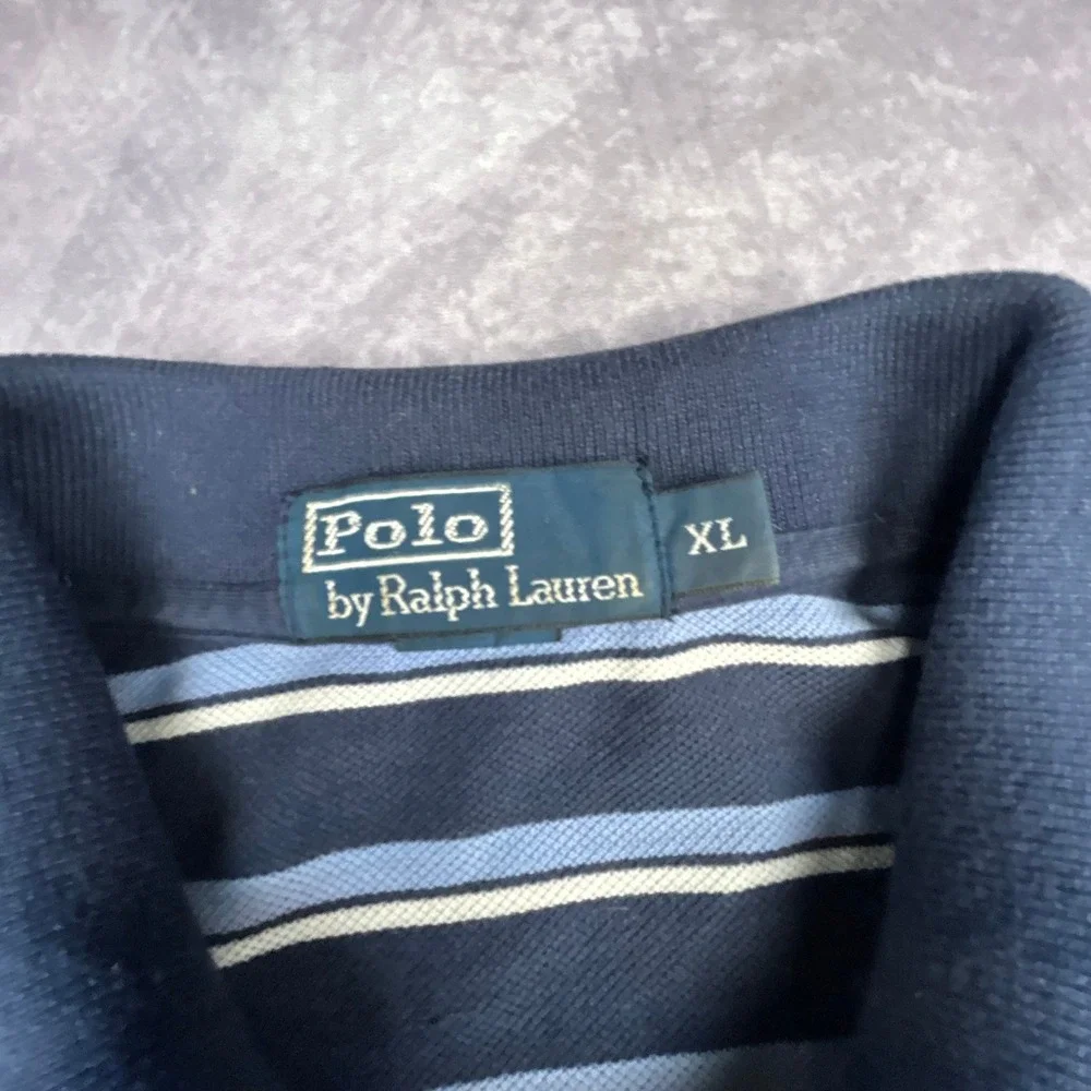 Polo Ralph Lauren Striped Polo Shirt Mens XL Navy‎ Blue Y2K Vintage Boxy Fit